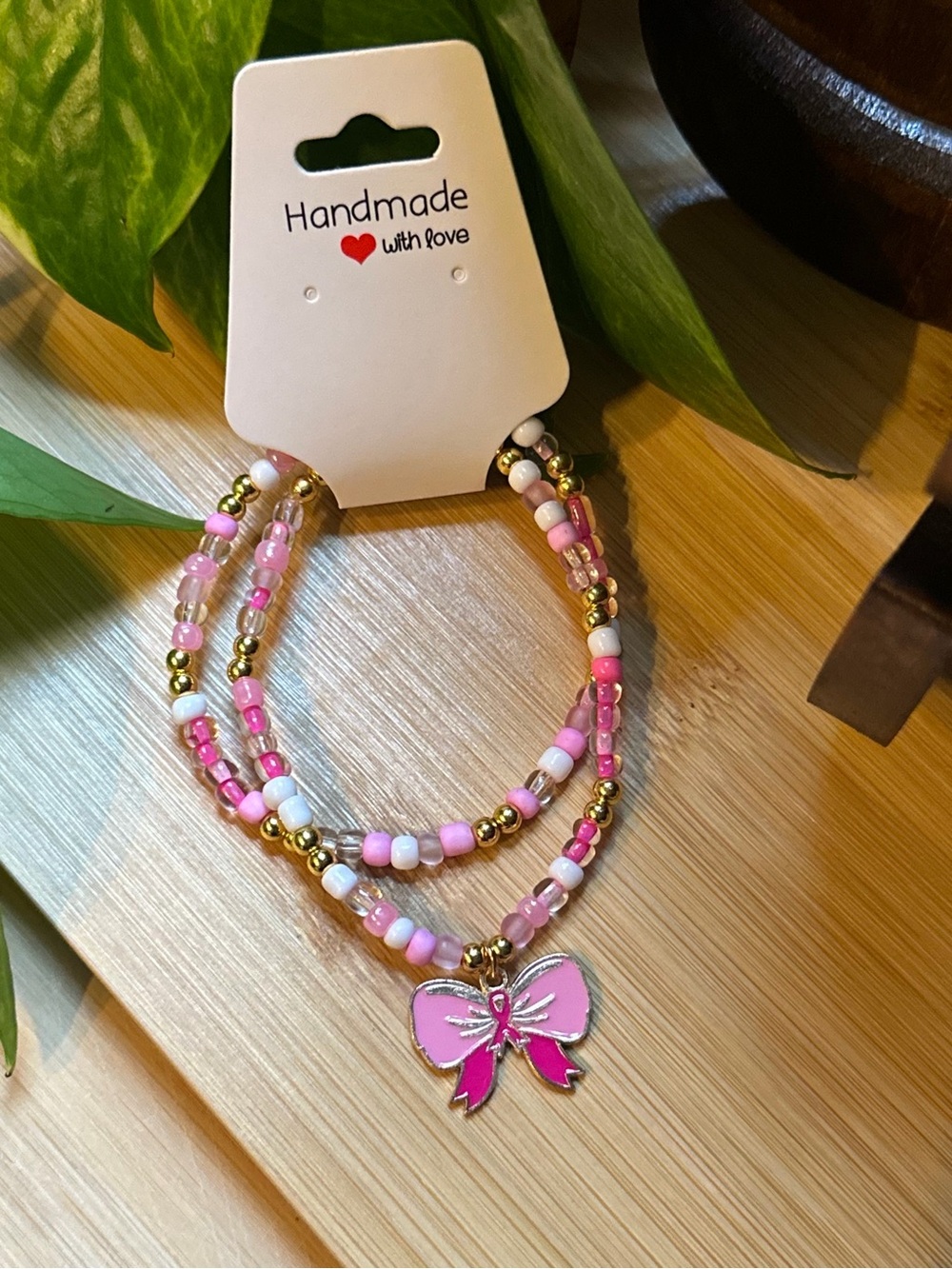 🎀Breast Cancer Awareness 2-PC Stretchy Bracelet Set | Handmade |Dangle‎ Charm🎀